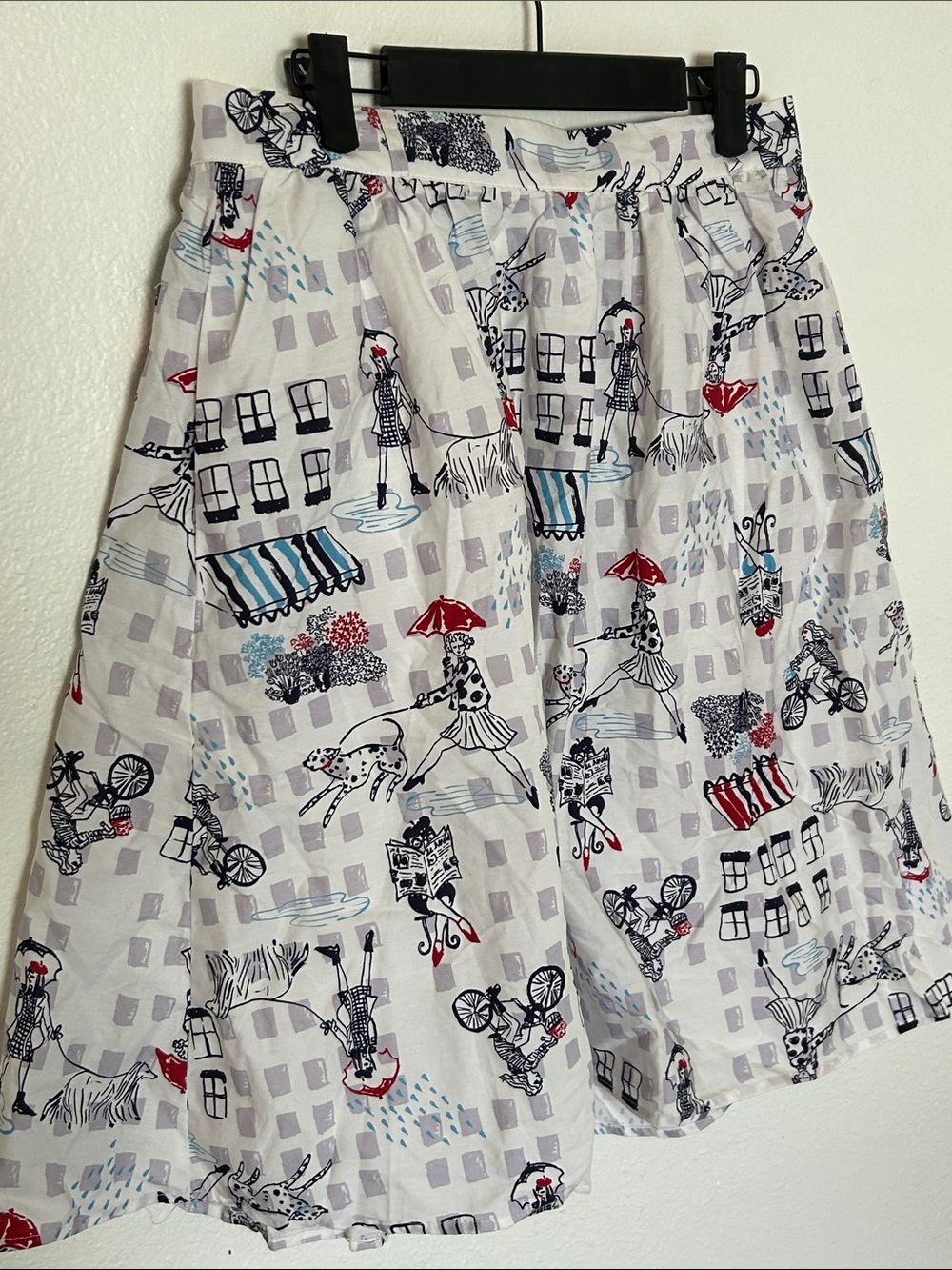 ModCloth circle Skirt with retro Parisian & Dalmatian dog Print white red blue